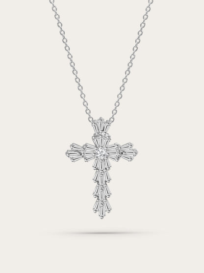 Front-facing studio image: Elegant silver gothic cross necklace featuring layered baguette-cut zircons, suspended on a polished chain against a neutral background