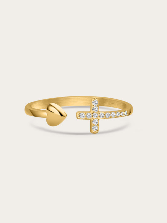 Cherished Promise Heart Accent Faith Ring — front view of gold cross and heart ring on light background