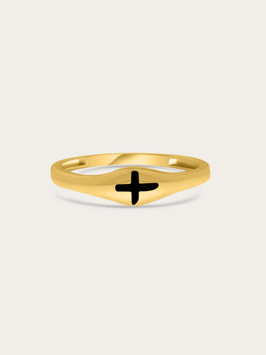 Front-facing view of Faith Unshaken gold cross ring with black enamel cross on a white background