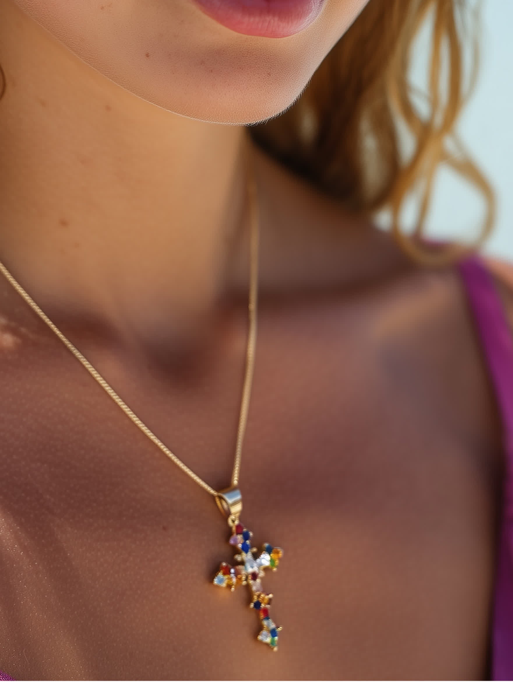 Model wearing necklace showing the colorful cross pendant against her neckline, demonstrating fit and radiant sparkle