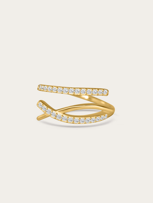 Studio close-up of the Ichthys Grace Gold Cross Ring with pavé-set cubic zirconia, styled on a light neutral background