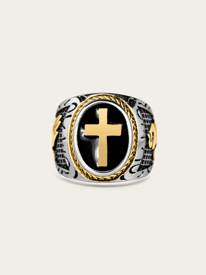 Front-facing view of the Lionheart Sacred Emblem Ring with gold cross and black enamel center on stainless steel