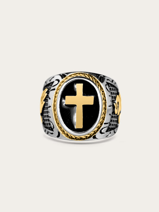 Front-facing view of the Lionheart Sacred Emblem Ring with gold cross and black enamel center on stainless steel