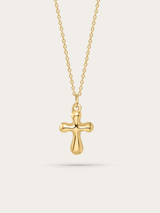 Front-facing image of the gold sculptural cross necklace on white background, highlighting its molten minimalist form
