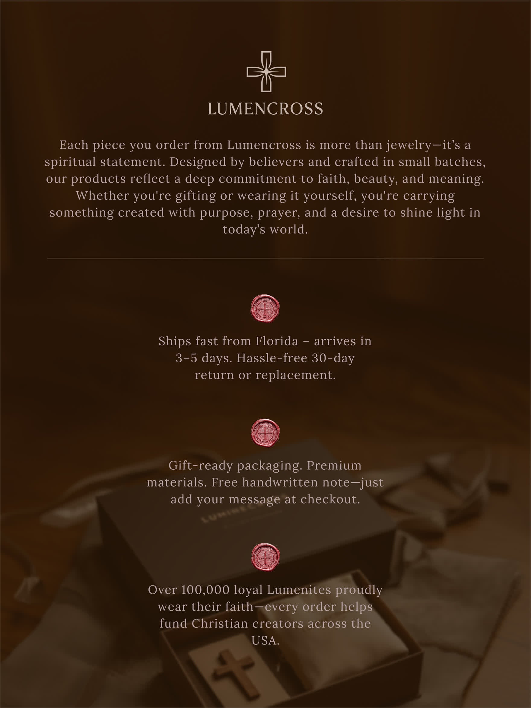 Lumencross jewelry advertisement with text about their products and services.
