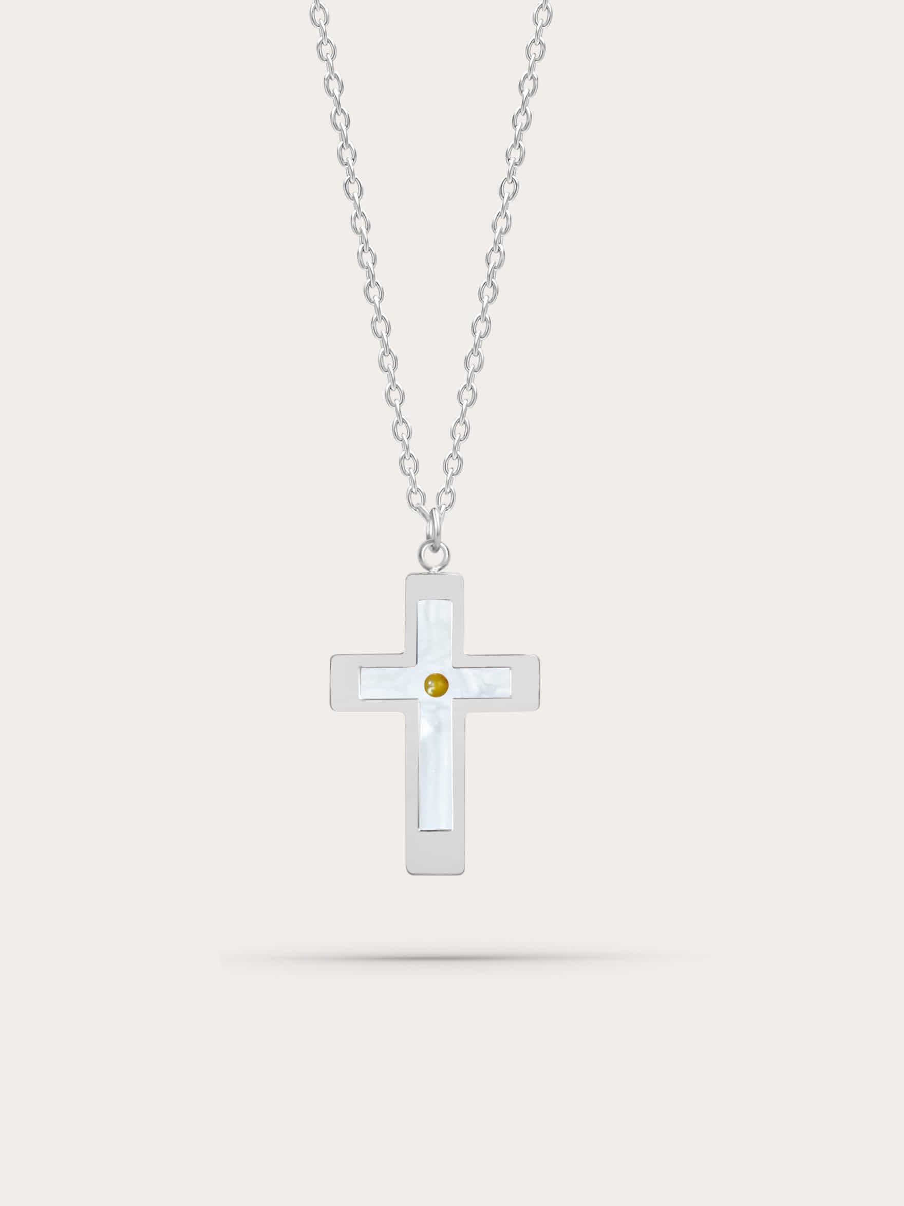 Front-facing product image on light background
Stainless steel mustard seed cross necklace with real mustard seed center, displayed on light beige background