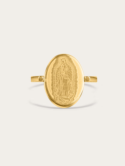 Front-facing view of the Our Lady of Guadalupe ring with polished gold finish and fine engraving

