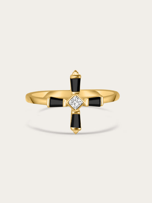 A centered product photo of a gold-plated sterling silver ring featuring a modern black cross design with a central white zircon stone, displayed on a light background.