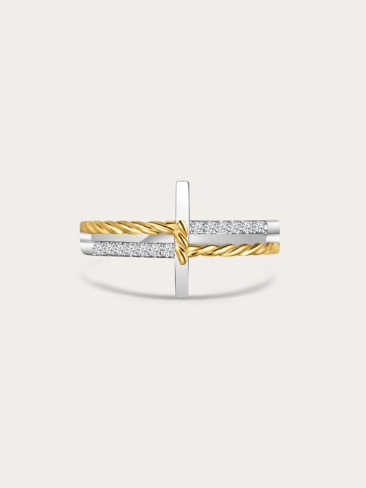 Studio photo of Sacred Bind Two-Tone Wrap Ring featuring silver vertical band wrapped in twisted 18K gold rope, forming a modern minimalist cross
