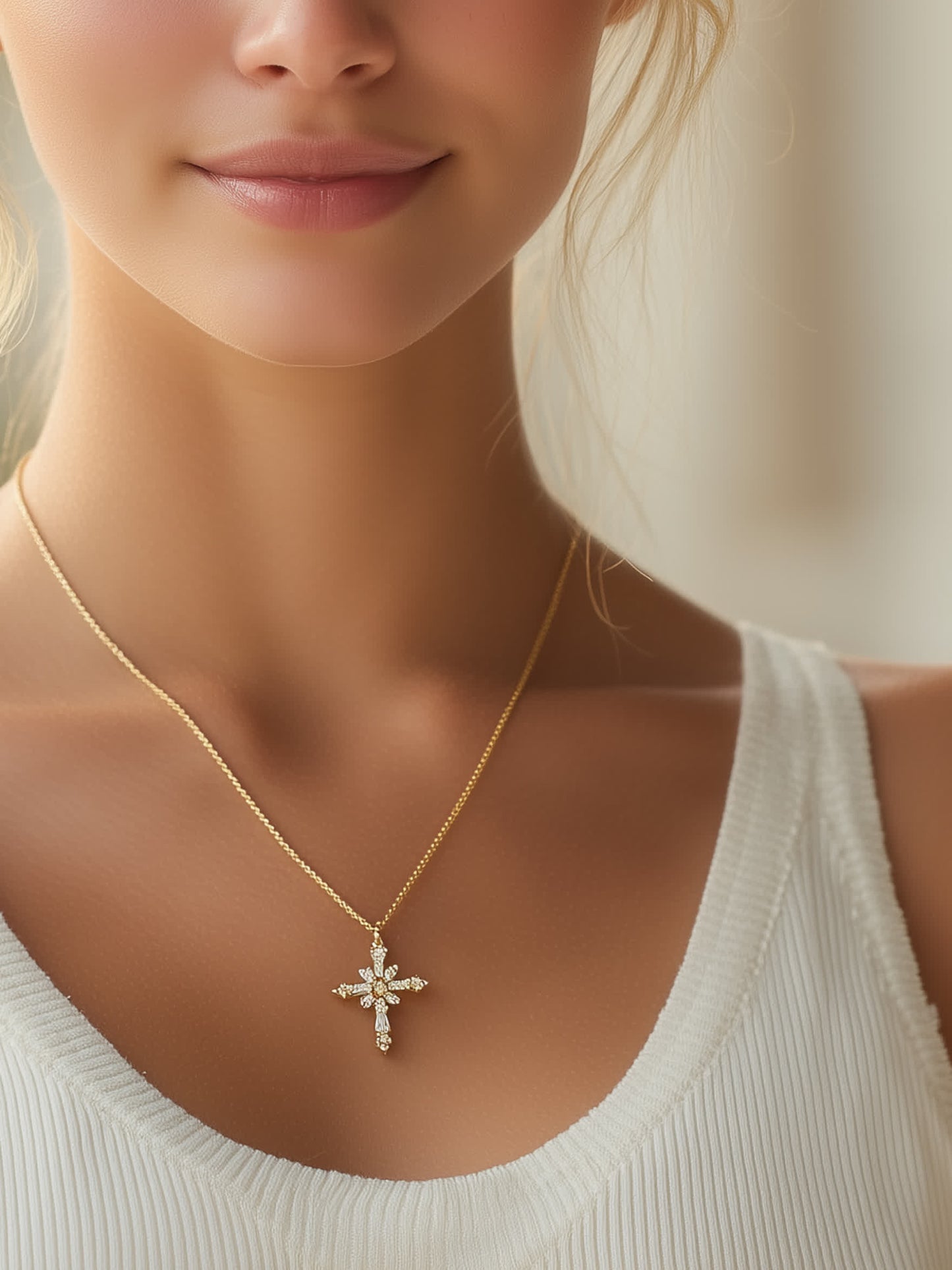Woman wearing the Divine Bloom starburst cross necklace, showing elegant fit and radiant gold shine