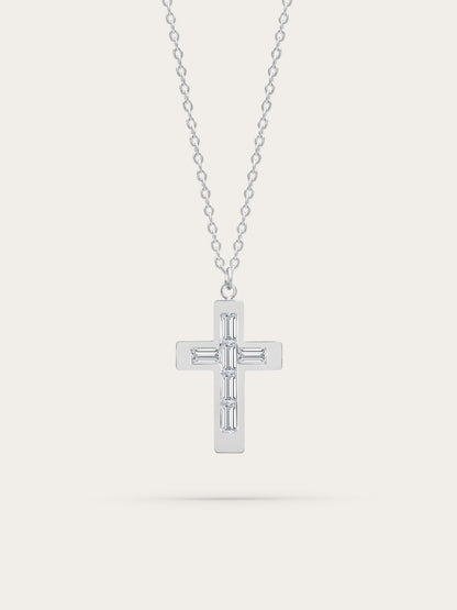 Silver stainless steel cross necklace with baguette-cut zircons on light background