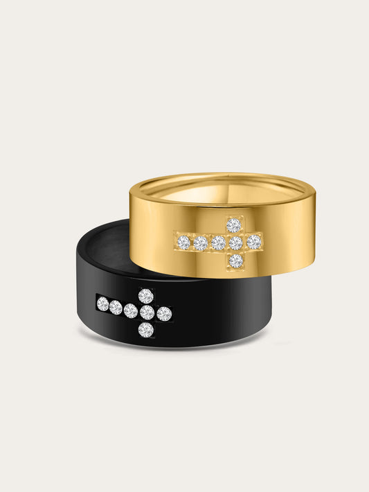 Studio Image – Gold and Black Cross Ring Set
Gold and black stainless steel couple rings featuring crystal cross inlays, displayed on a neutral background