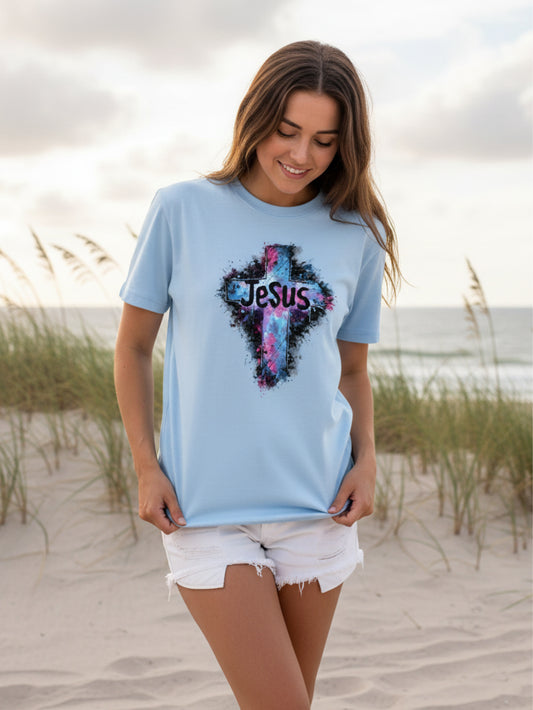 Soft Bloom Jesus Cross Cute Christian T Shirt – Pastel Faith Graphic Tee
