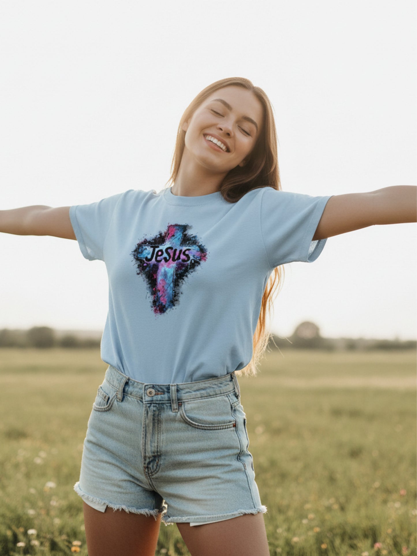Soft Bloom Jesus Cross Cute Christian T Shirt – Pastel Faith Graphic Tee