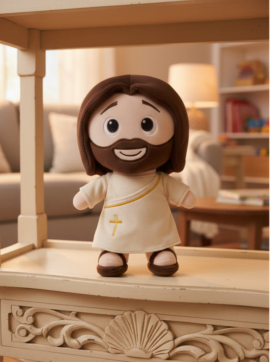 Plush toy resembling a religious figure in a living room setting