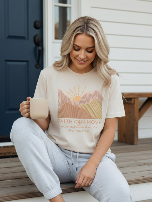 Faith Can Move Mountains Shirt | Matthew 17:20 Christian T Shirt for Women