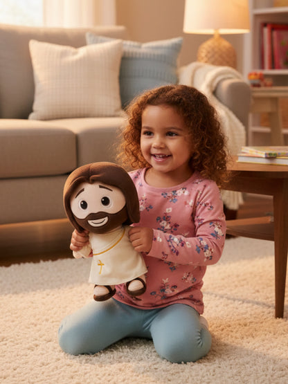Child holding a jesus plush toy with a smiling face in a living room.