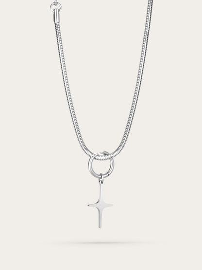 True North brushed stainless steel cross necklace displayed flat against a clean white background, showing chain detail and pendant design.