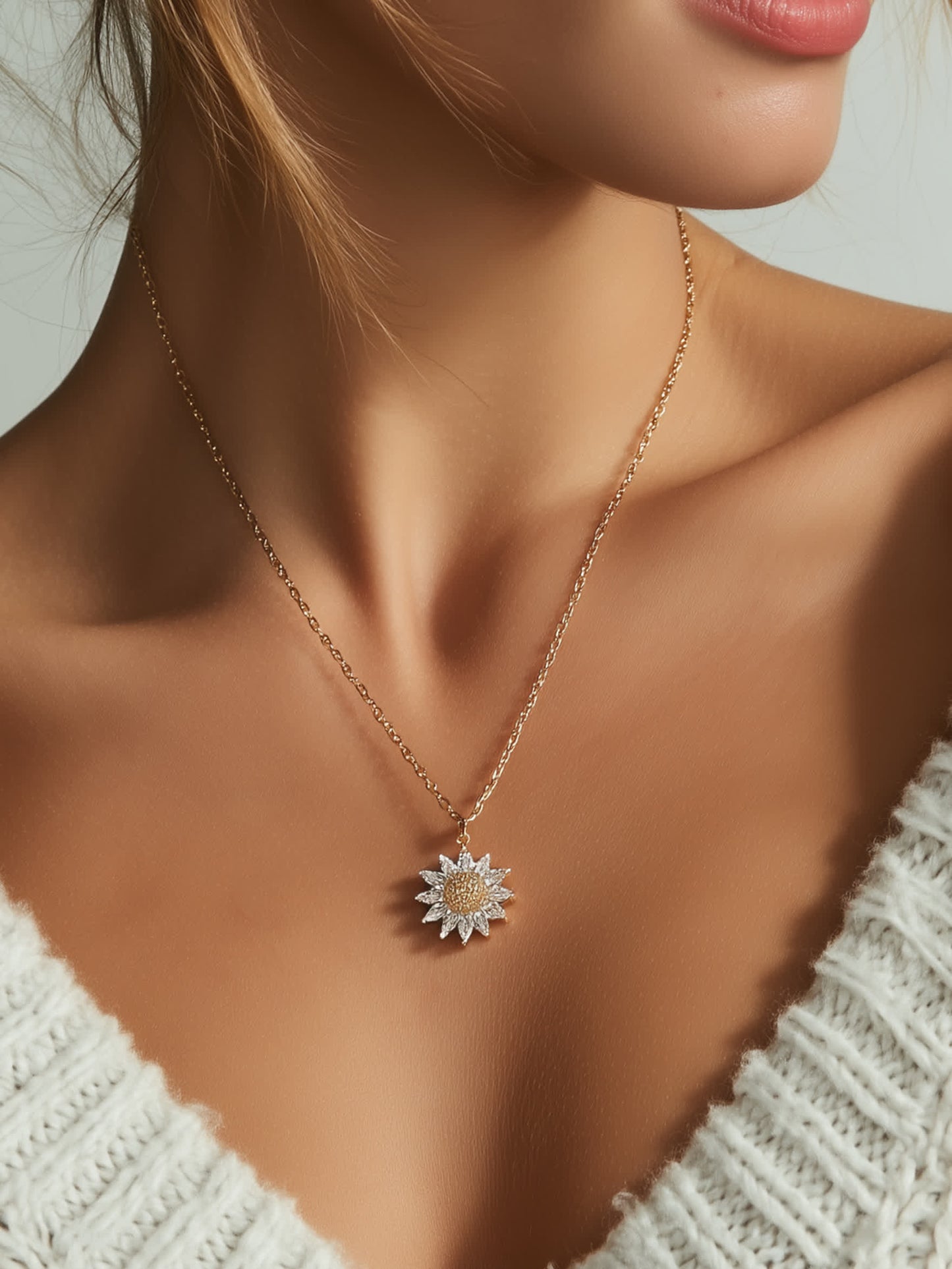 Close-up of woman wearing crystal flower necklace with deep gold and clear zircon design