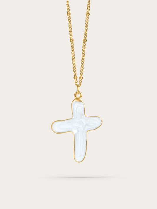 White shell cross pendant necklace in 14k gold vermeil, suspended mid-air on a neutral background – elegant Christian jewelry design.